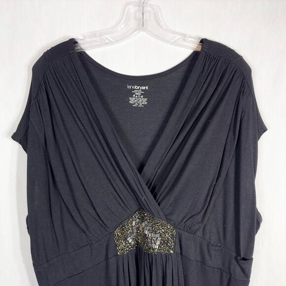 Lane Bryant Plus Size 26 28 Top Black Beaded Short Sleeve V Neck‎ Stretch 1057 - Picture 3 of 9
